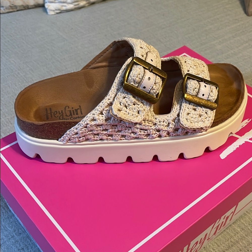 Corkys Cream Crochet Sandals with Buckles